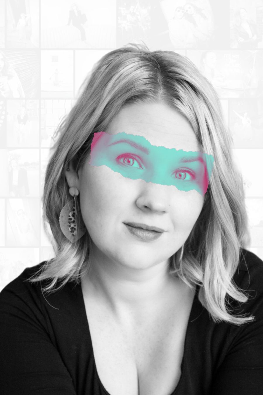 Black and white portrait of a smiling woman with a torn pink and mint strip across her eyes – personality branding by wo0 photography